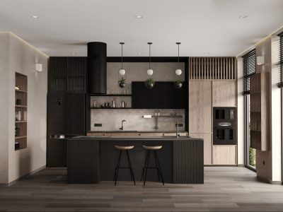 Modern black and wood kitchen interior with island. 3d render Modern black and wood kitchen interior with island. 3d illustration